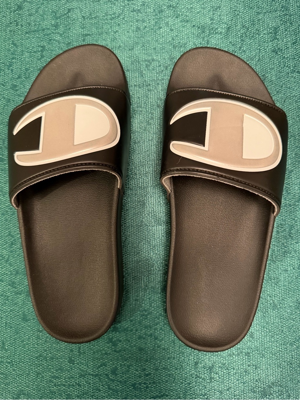 Champion Black Slide Sandals with Silver/White Logo